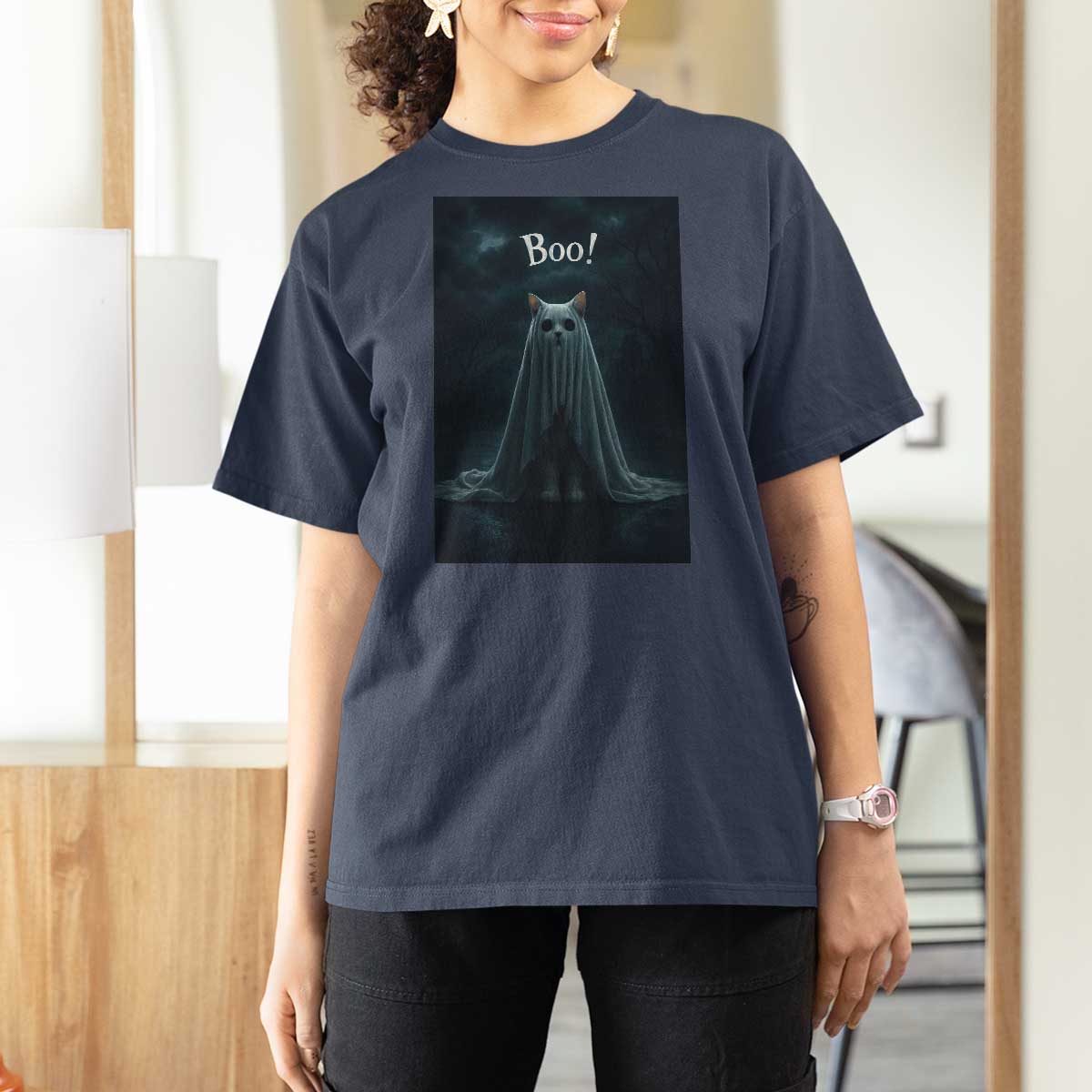 Cat Halloween T Shirt For Women Spooky Season Ghost Kitten Haunted Mansion - Wonder Print Shop