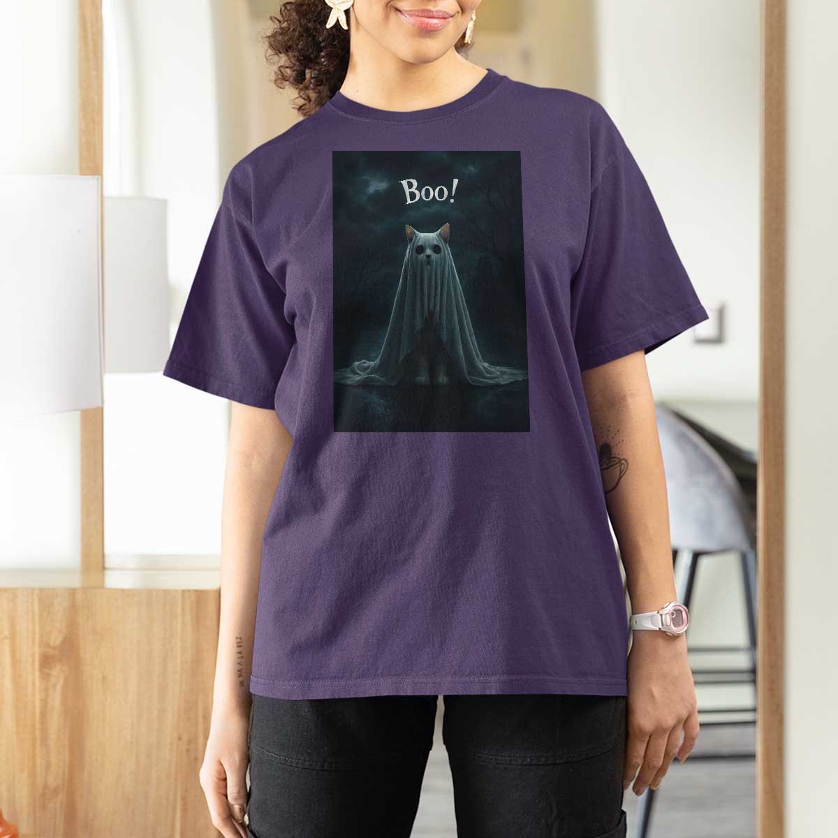 Cat Halloween T Shirt For Women Spooky Season Ghost Kitten Haunted Mansion - Wonder Print Shop