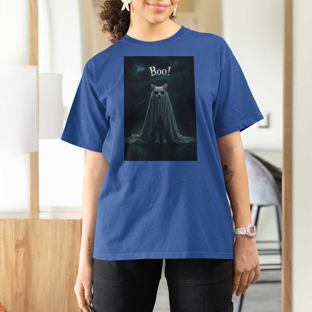 Cat Halloween T Shirt For Women Spooky Season Ghost Kitten Haunted Mansion - Wonder Print Shop