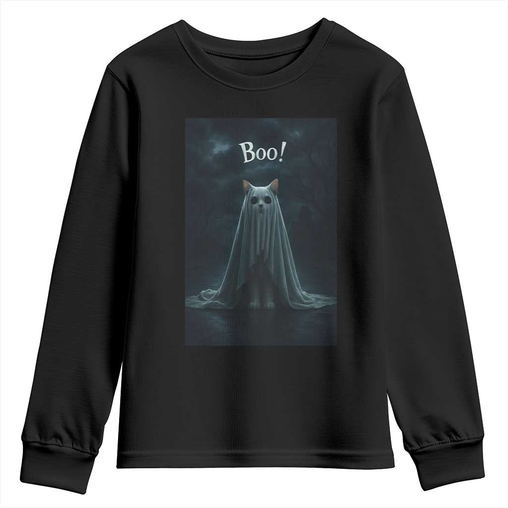 Cat Halloween Youth Sweatshirt Spooky Season Ghost Kitten Haunted Mansion - Wonder Print Shop
