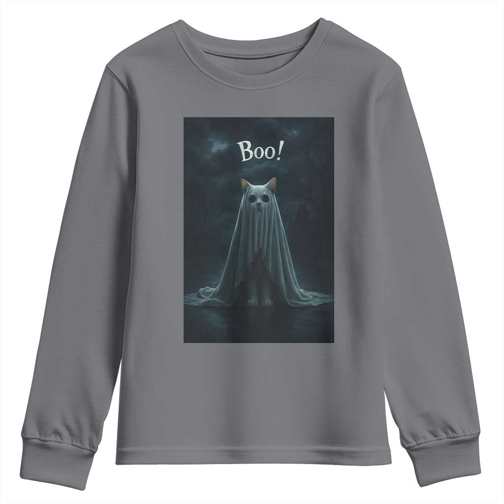 Cat Halloween Youth Sweatshirt Spooky Season Ghost Kitten Haunted Mansion - Wonder Print Shop