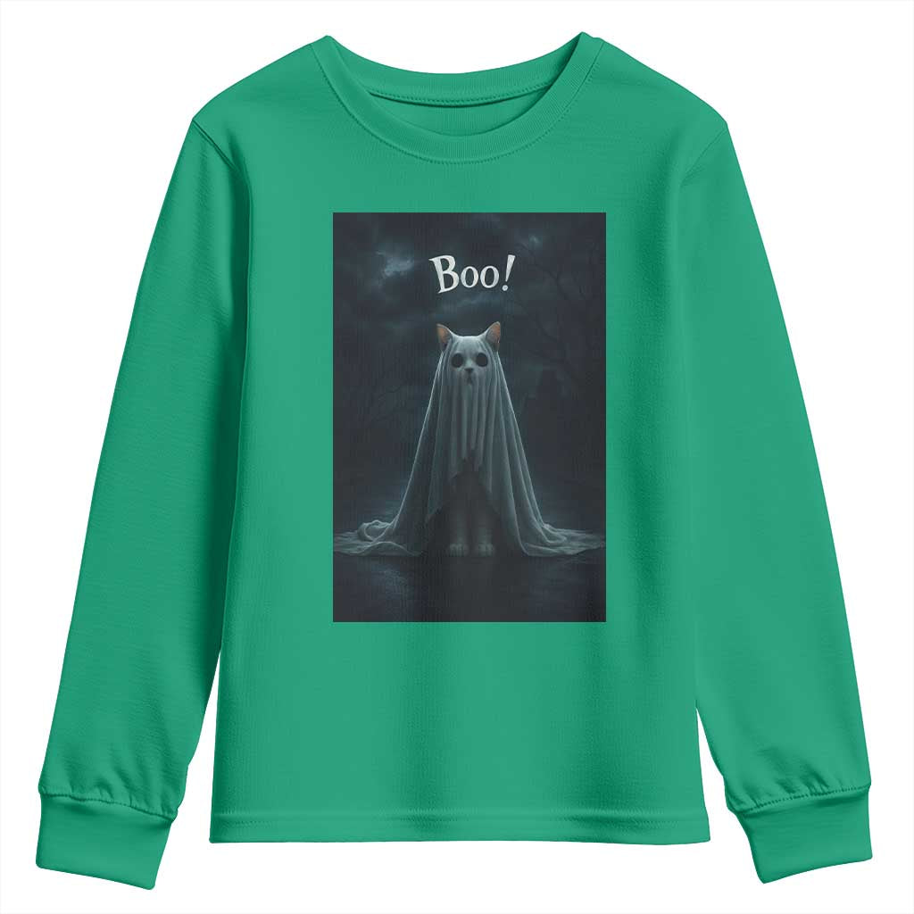 Cat Halloween Youth Sweatshirt Spooky Season Ghost Kitten Haunted Mansion - Wonder Print Shop