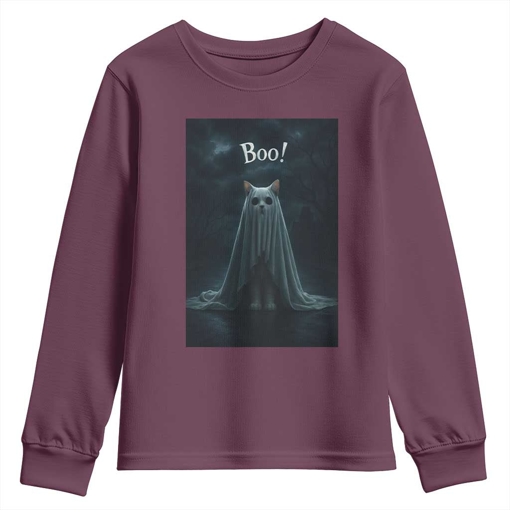 Cat Halloween Youth Sweatshirt Spooky Season Ghost Kitten Haunted Mansion - Wonder Print Shop