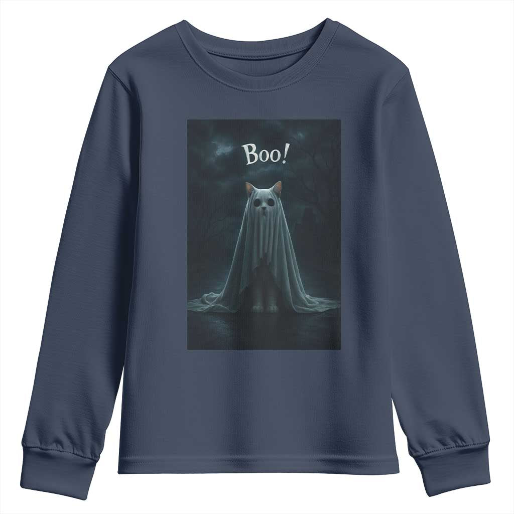 Cat Halloween Youth Sweatshirt Spooky Season Ghost Kitten Haunted Mansion - Wonder Print Shop