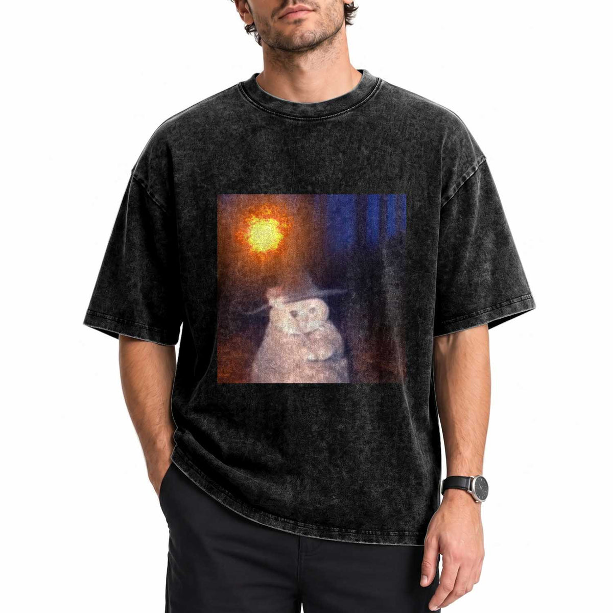 Wizard Cat Washed Cotton T-Shirt Weird Funny Retro Halloween Orange Cat Meme