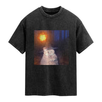 Wizard Cat Washed Cotton T-Shirt Weird Funny Retro Halloween Orange Cat Meme