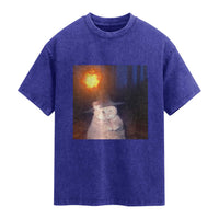 Wizard Cat Washed Cotton T-Shirt Weird Funny Retro Halloween Orange Cat Meme