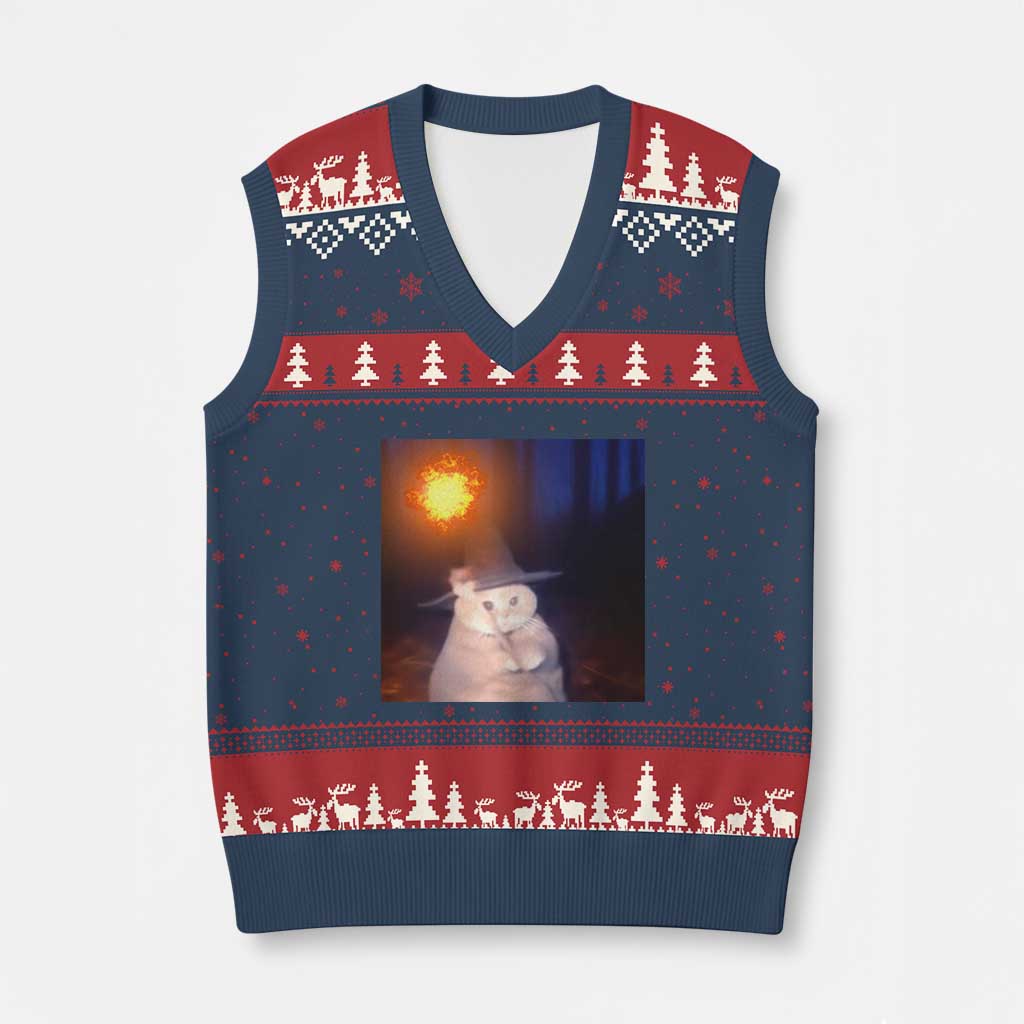 Wizard Cat V-Neck Knit Sweater Vest Weird Funny Retro Halloween Orange Cat Meme - Wonder Print Shop