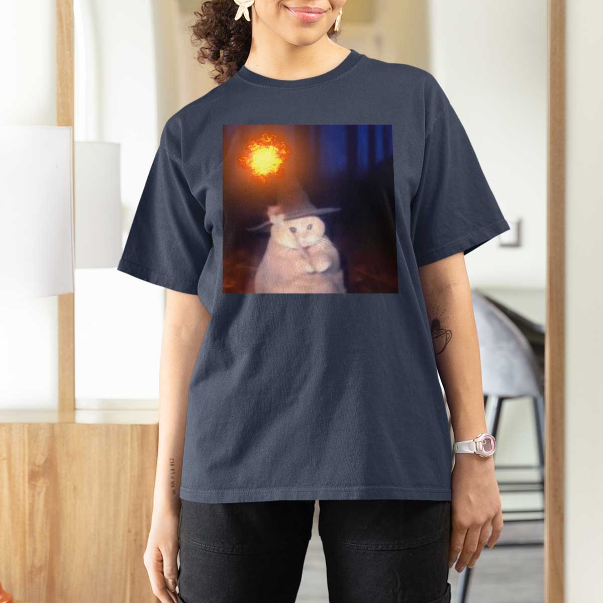 Wizard Cat T Shirt For Women Weird Funny Retro Halloween Orange Cat Meme - Wonder Print Shop
