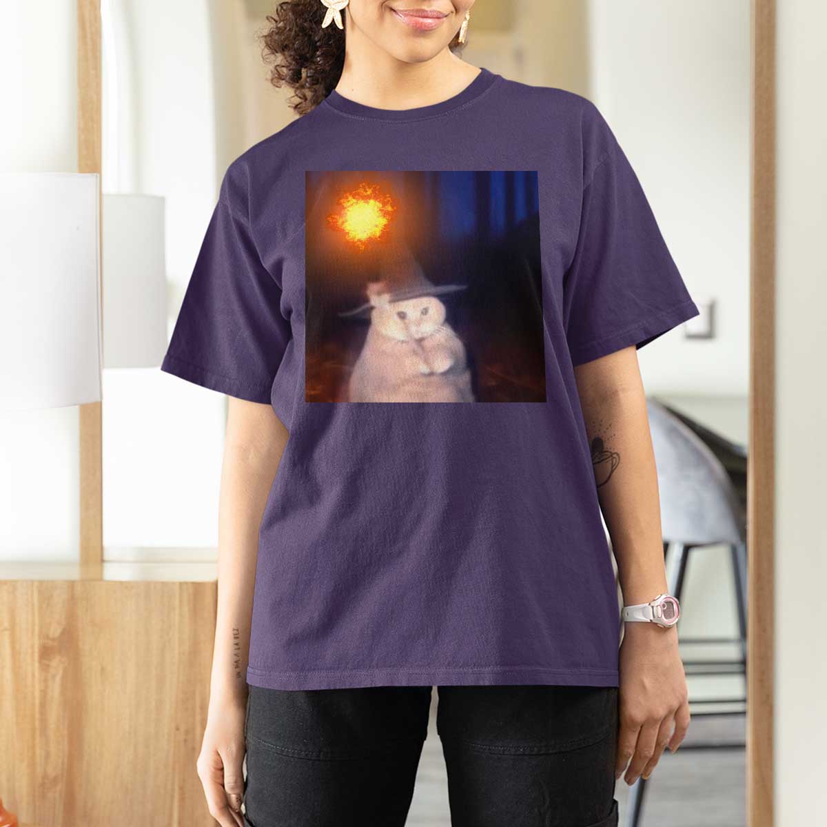 Wizard Cat T Shirt For Women Weird Funny Retro Halloween Orange Cat Meme - Wonder Print Shop