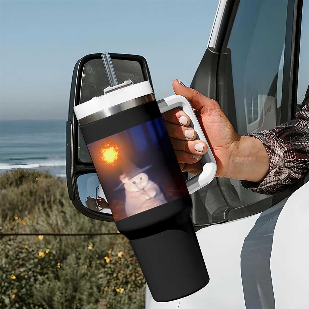 Wizard Cat Tumbler With Handle Weird Funny Retro Halloween Orange Cat Meme - Wonder Print Shop