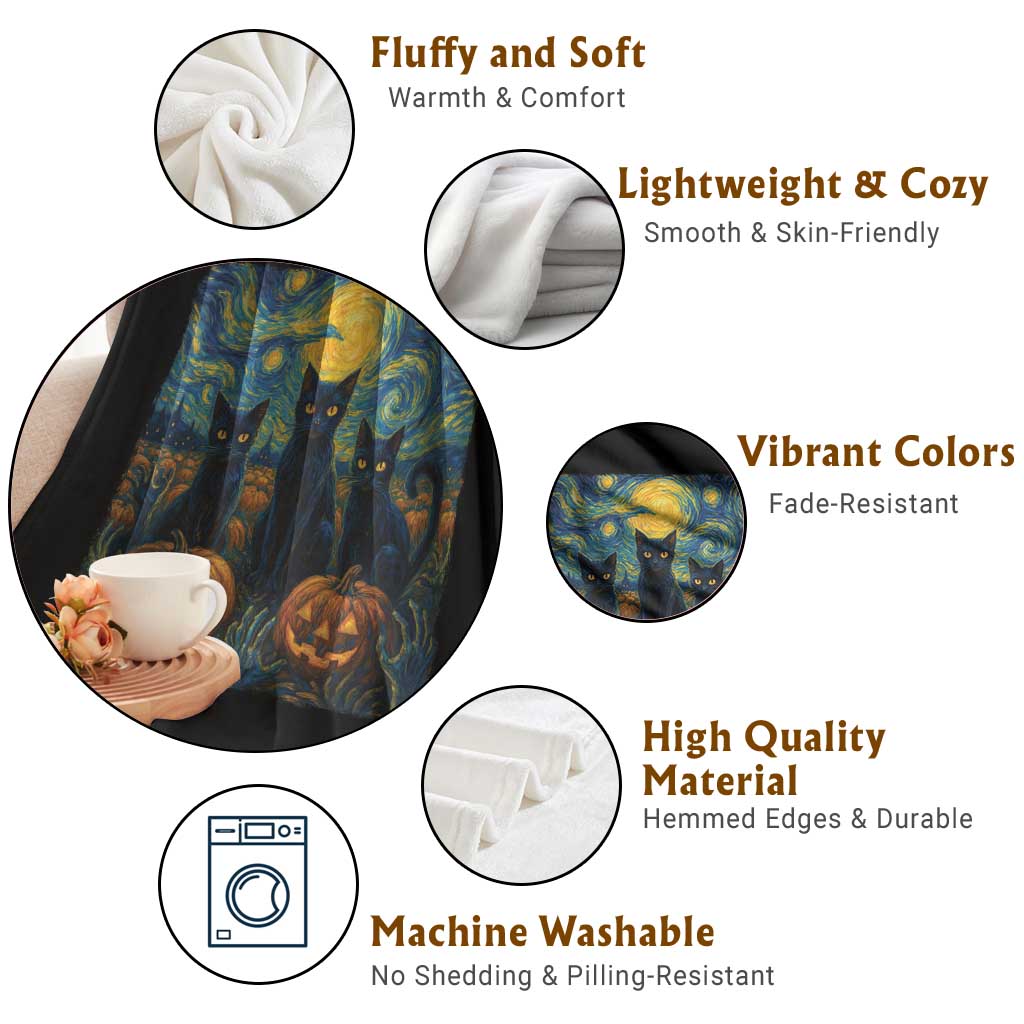 Cat Starry Night Throw Blanket Funny Cat Lover Gifts Halloween Van Gogh - Wonder Print Shop