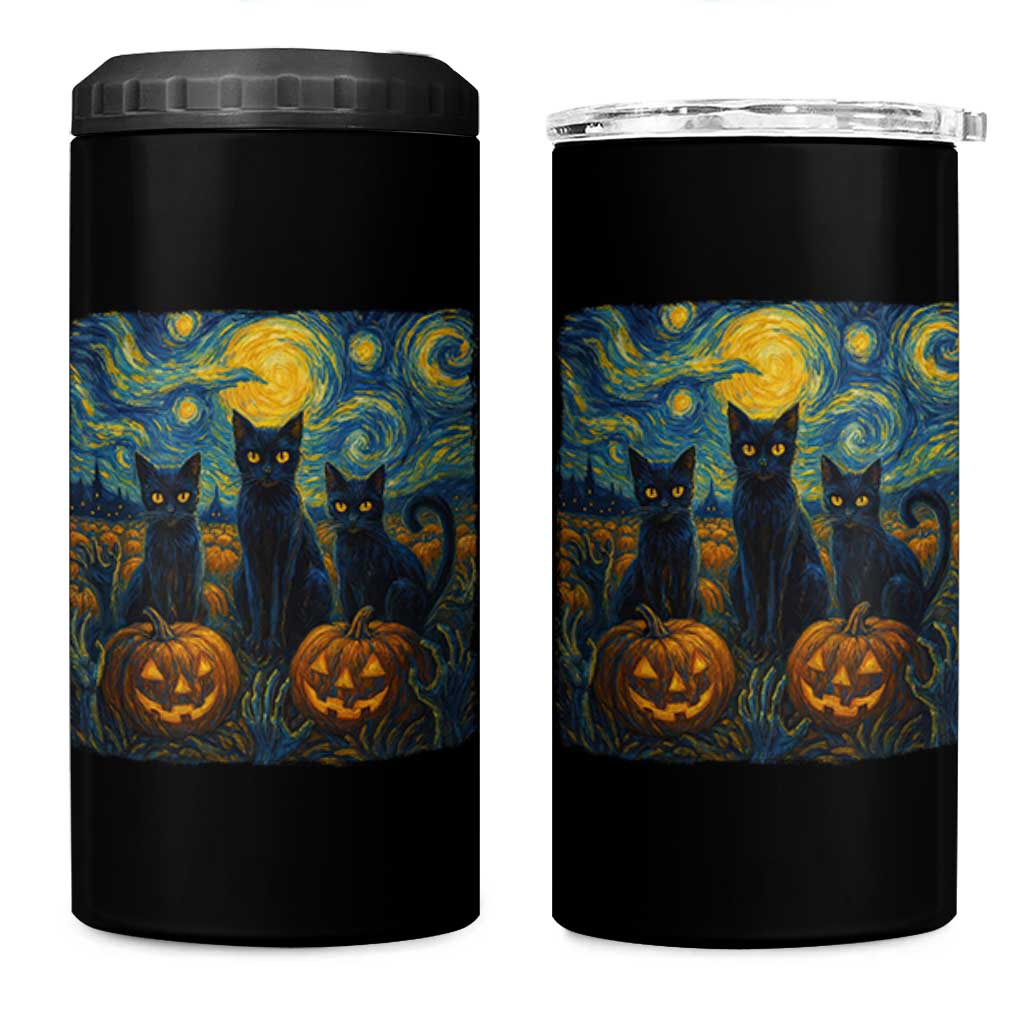 Cat Starry Night 4 in 1 Can Cooler Tumbler Funny Cat Lover Gifts Halloween Van Gogh - Wonder Print Shop