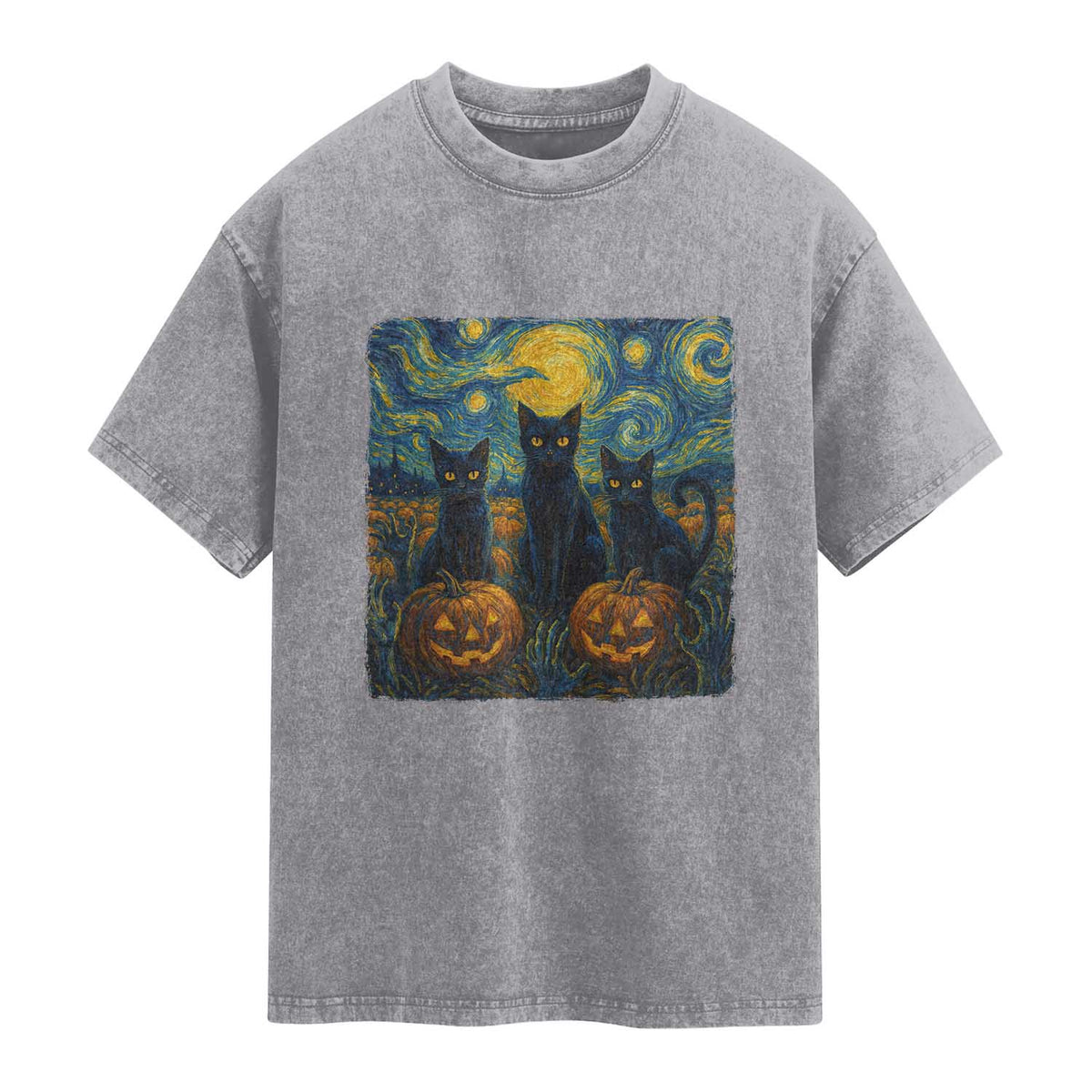 Cat Starry Night Washed Cotton T-Shirt Funny Cat Lover Gifts Halloween Van Gogh