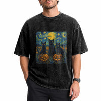 Cat Starry Night Washed Cotton T-Shirt Funny Cat Lover Gifts Halloween Van Gogh