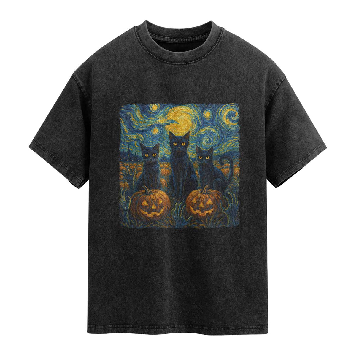 Cat Starry Night Washed Cotton T-Shirt Funny Cat Lover Gifts Halloween Van Gogh