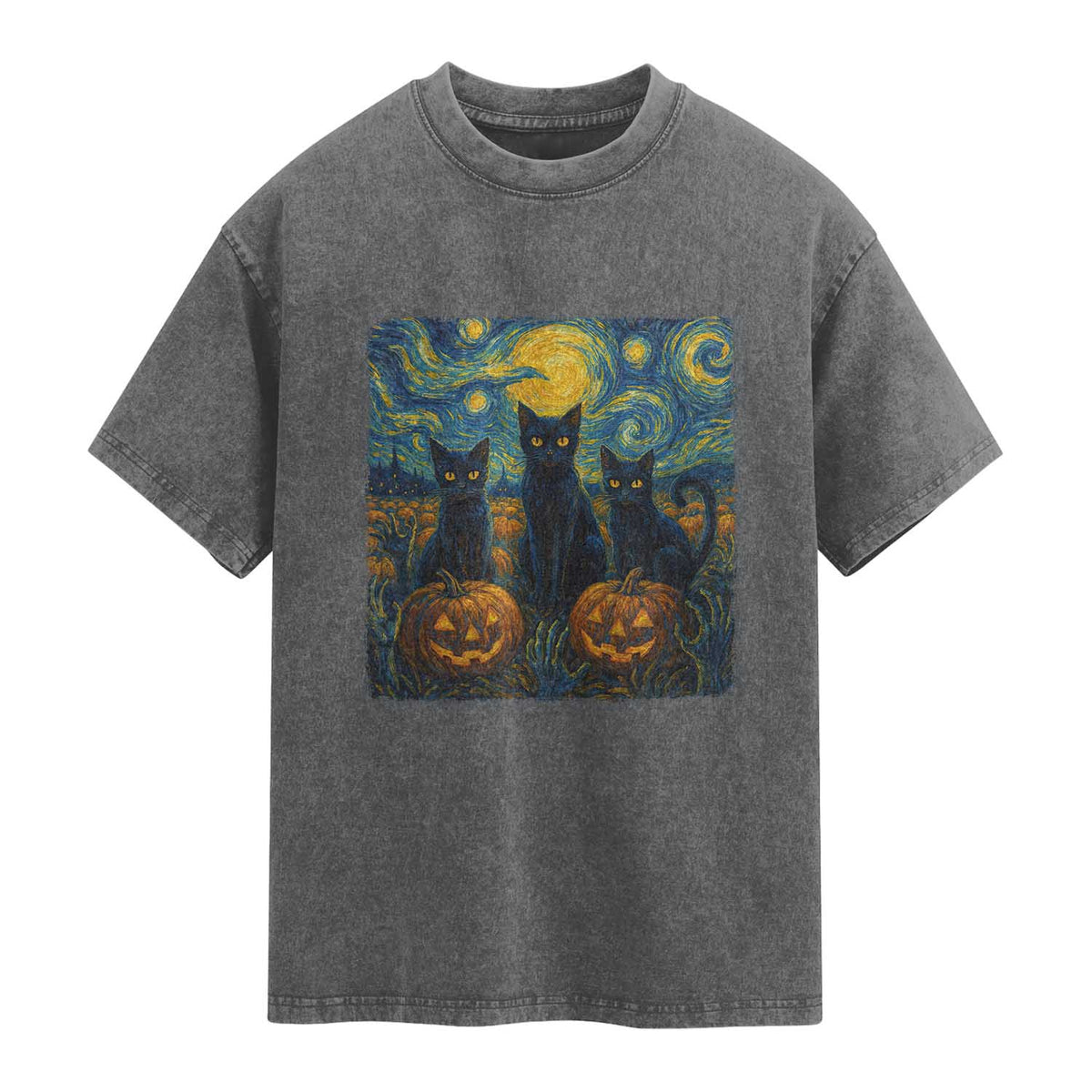 Cat Starry Night Washed Cotton T-Shirt Funny Cat Lover Gifts Halloween Van Gogh