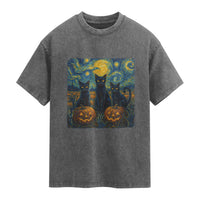 Cat Starry Night Washed Cotton T-Shirt Funny Cat Lover Gifts Halloween Van Gogh