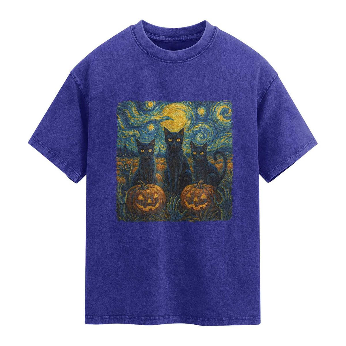 Cat Starry Night Washed Cotton T-Shirt Funny Cat Lover Gifts Halloween Van Gogh