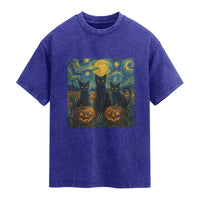 Cat Starry Night Washed Cotton T-Shirt Funny Cat Lover Gifts Halloween Van Gogh