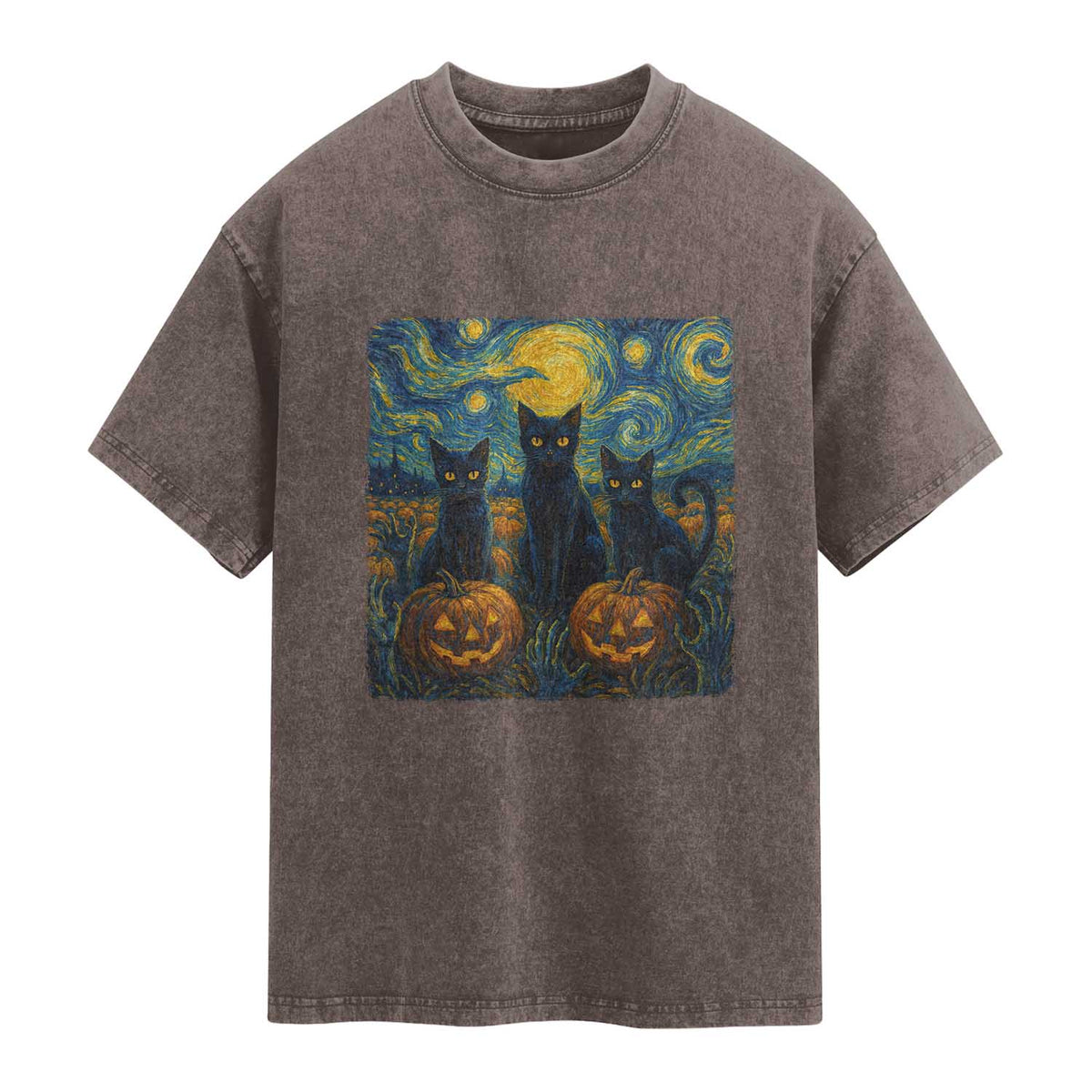 Cat Starry Night Washed Cotton T-Shirt Funny Cat Lover Gifts Halloween Van Gogh
