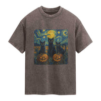 Cat Starry Night Washed Cotton T-Shirt Funny Cat Lover Gifts Halloween Van Gogh
