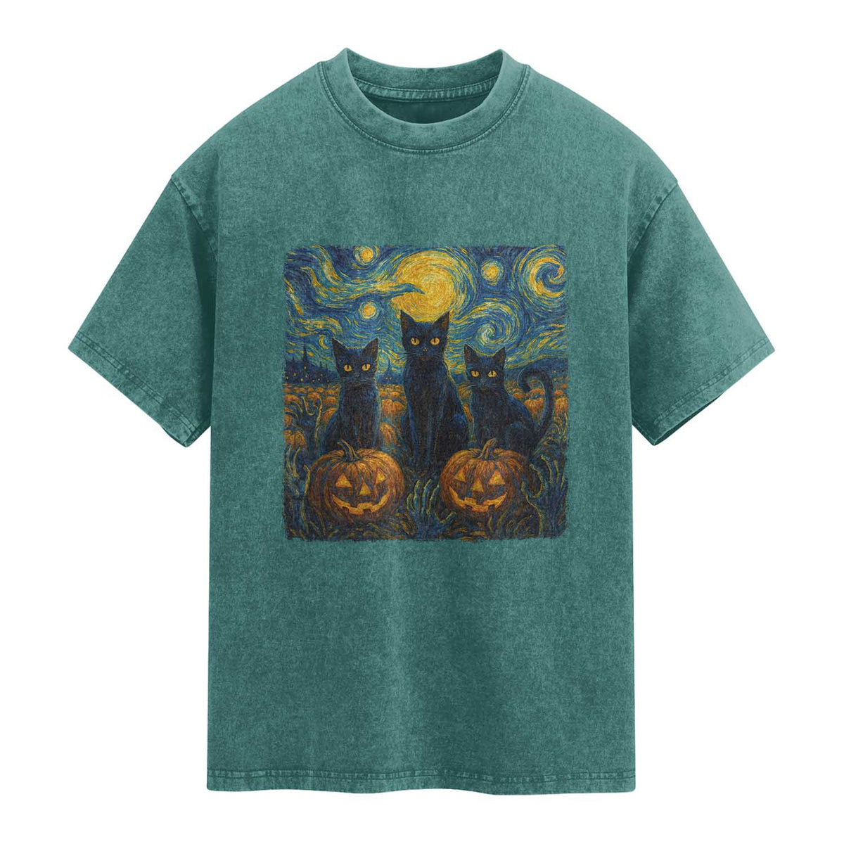 Cat Starry Night Washed Cotton T-Shirt Funny Cat Lover Gifts Halloween Van Gogh
