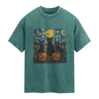 Cat Starry Night Washed Cotton T-Shirt Funny Cat Lover Gifts Halloween Van Gogh