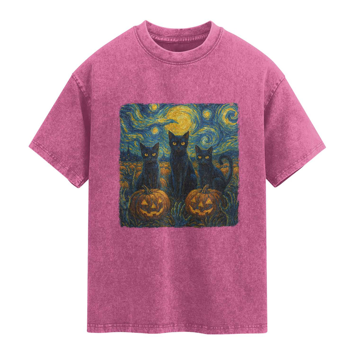 Cat Starry Night Washed Cotton T-Shirt Funny Cat Lover Gifts Halloween Van Gogh