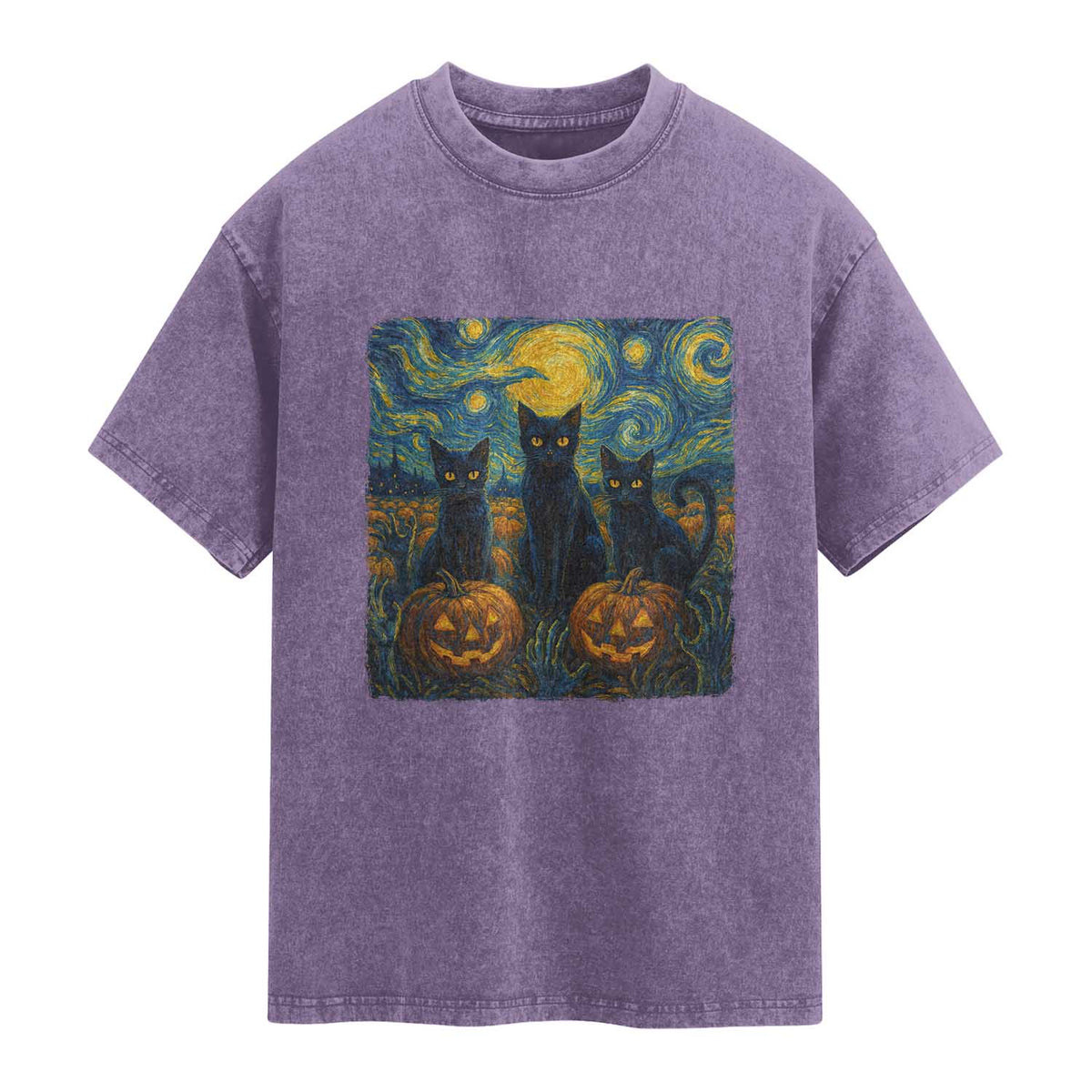 Cat Starry Night Washed Cotton T-Shirt Funny Cat Lover Gifts Halloween Van Gogh