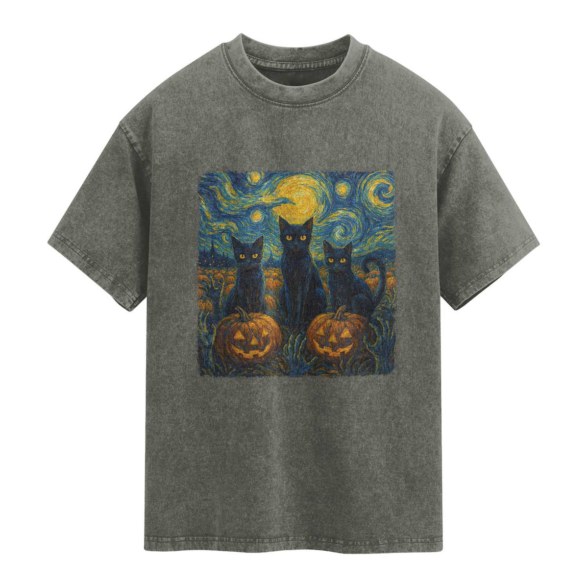 Cat Starry Night Washed Cotton T-Shirt Funny Cat Lover Gifts Halloween Van Gogh