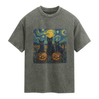 Cat Starry Night Washed Cotton T-Shirt Funny Cat Lover Gifts Halloween Van Gogh