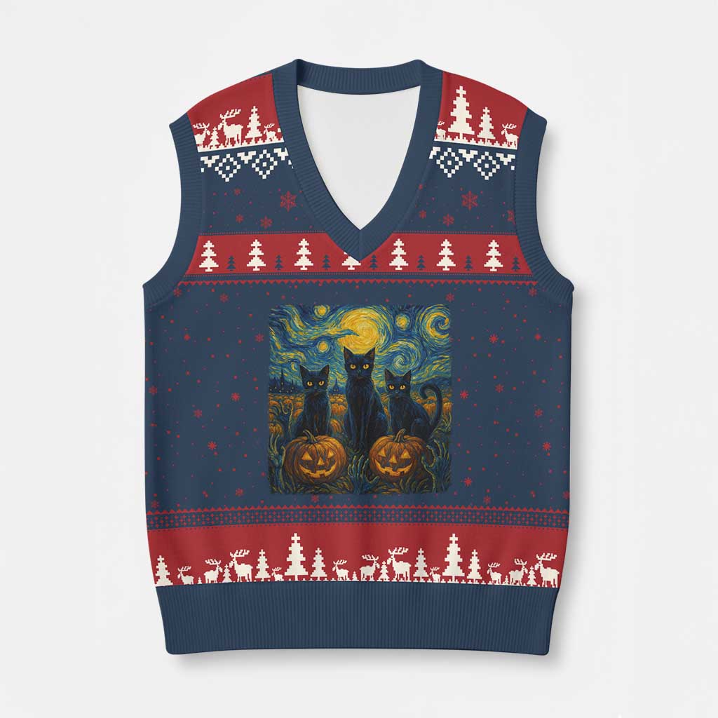 Cat Starry Night V-Neck Knit Sweater Vest Funny Cat Lover Gifts Halloween Van Gogh - Wonder Print Shop