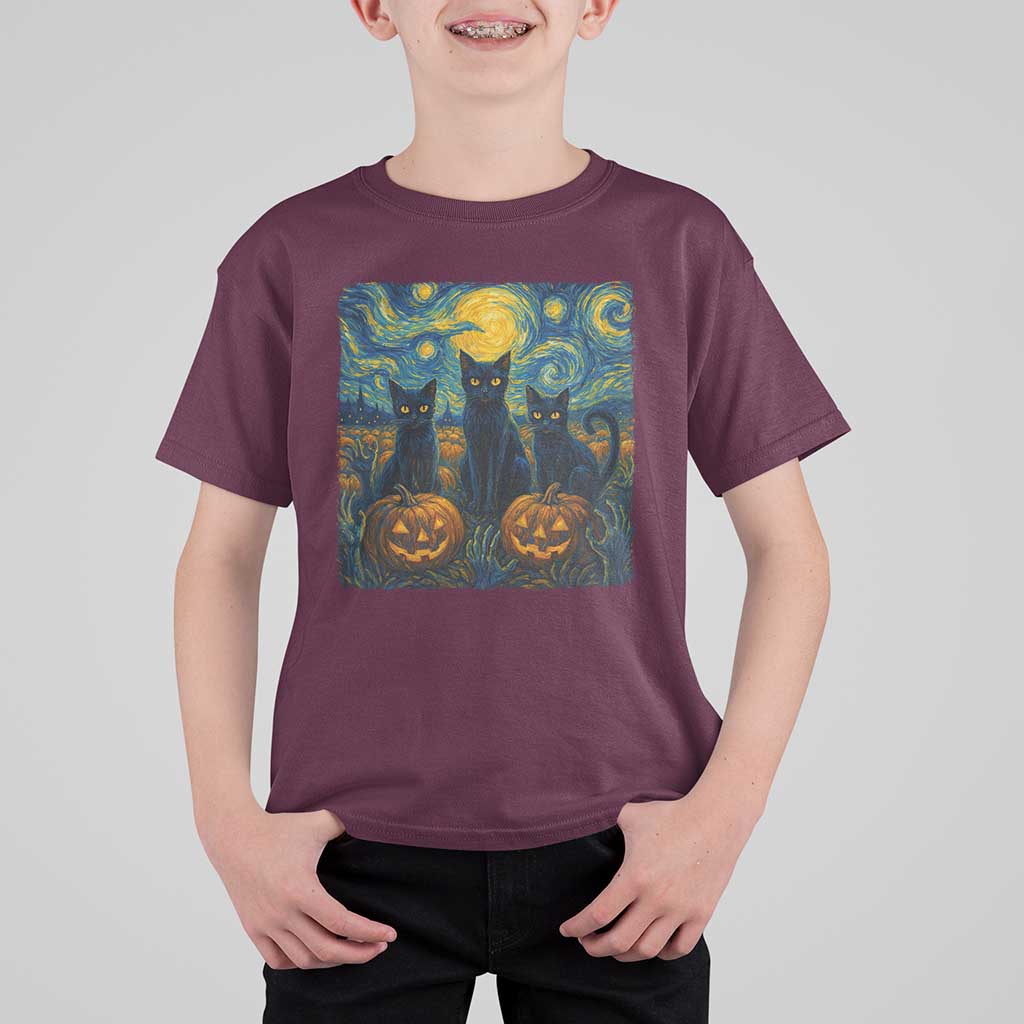 Cat Starry Night T Shirt For Kid Funny Cat Lover Gifts Halloween Van Gogh - Wonder Print Shop