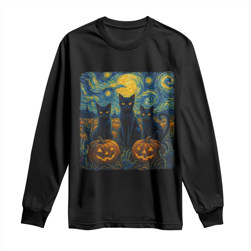 Cat Starry Night Long Sleeve Shirt Funny Cat Lover Gifts Halloween Van Gogh - Wonder Print Shop
