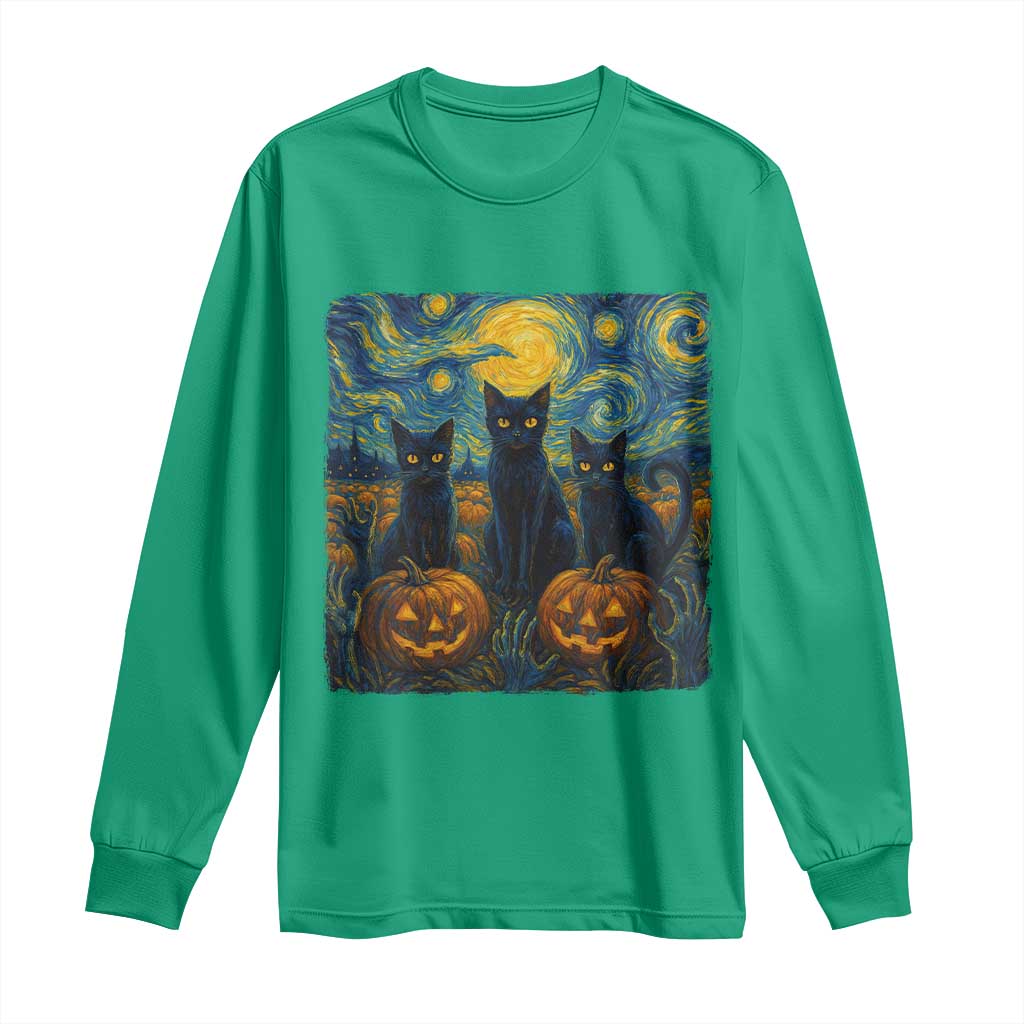 Cat Starry Night Long Sleeve Shirt Funny Cat Lover Gifts Halloween Van Gogh - Wonder Print Shop
