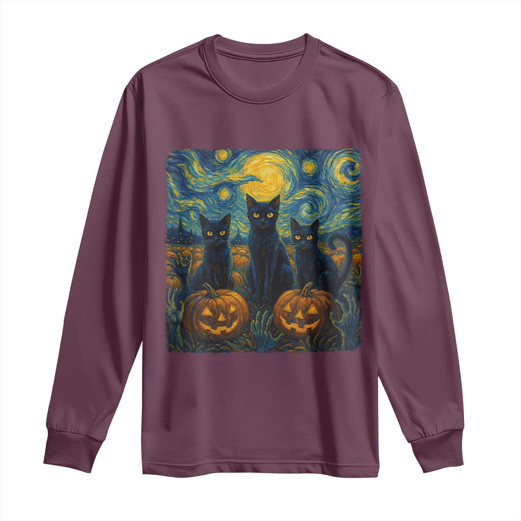 Cat Starry Night Long Sleeve Shirt Funny Cat Lover Gifts Halloween Van Gogh - Wonder Print Shop
