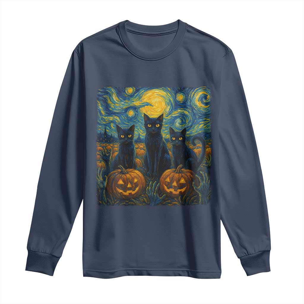 Cat Starry Night Long Sleeve Shirt Funny Cat Lover Gifts Halloween Van Gogh - Wonder Print Shop