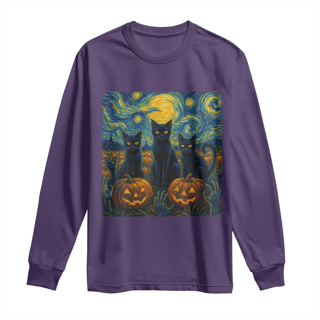 Cat Starry Night Long Sleeve Shirt Funny Cat Lover Gifts Halloween Van Gogh - Wonder Print Shop