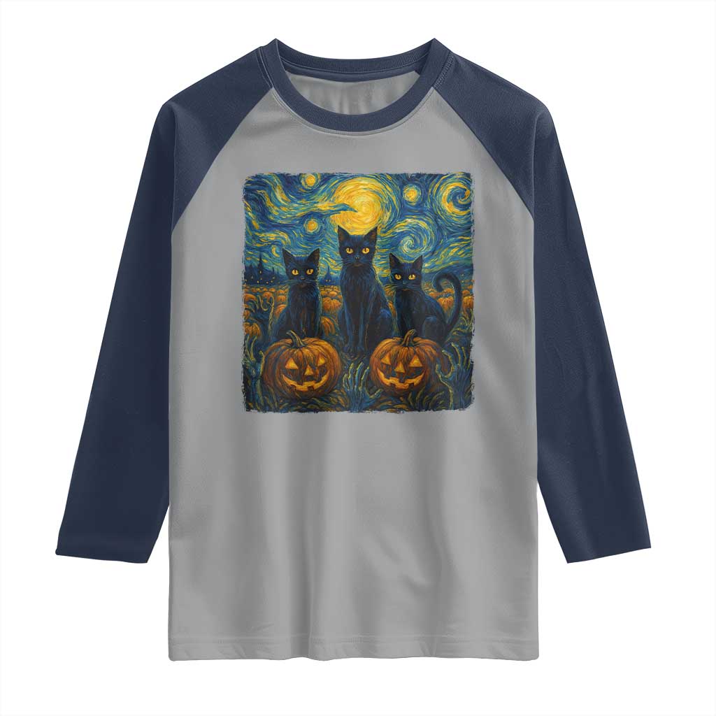 Cat Starry Night Raglan Shirt Funny Cat Lover Gifts Halloween Van Gogh - Wonder Print Shop