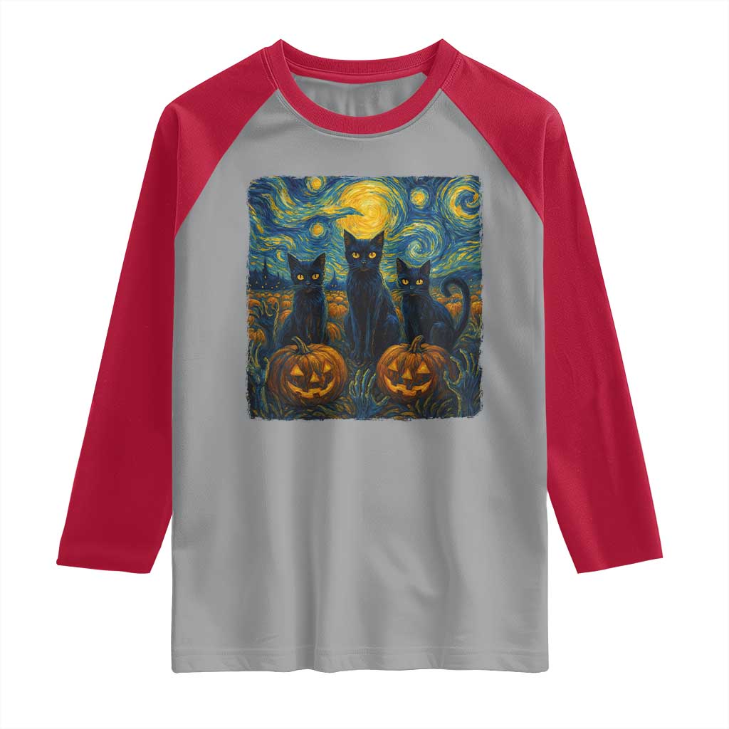 Cat Starry Night Raglan Shirt Funny Cat Lover Gifts Halloween Van Gogh - Wonder Print Shop