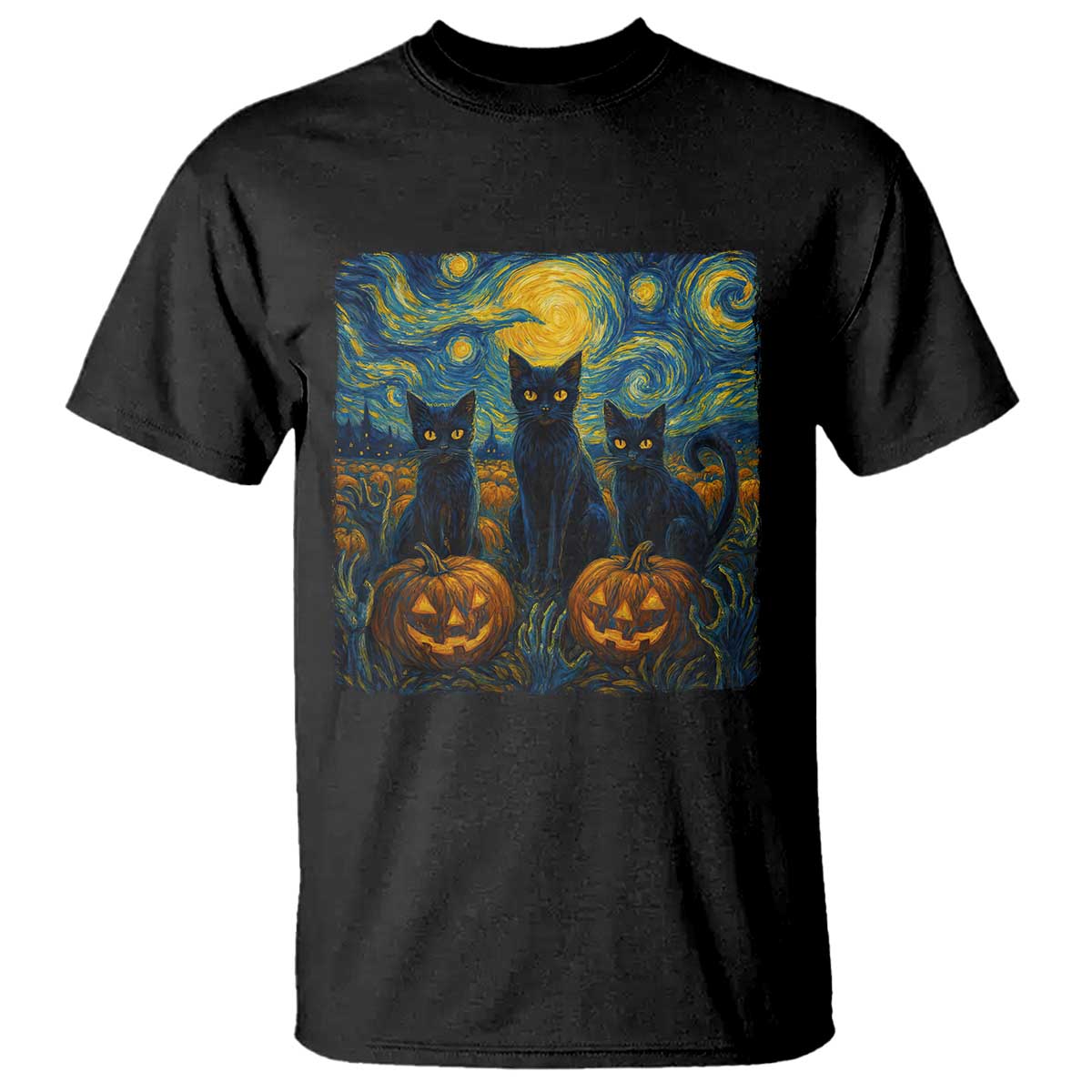Cat Starry Night T Shirt Funny Cat Lover Gifts Halloween Van Gogh - Wonder Print Shop