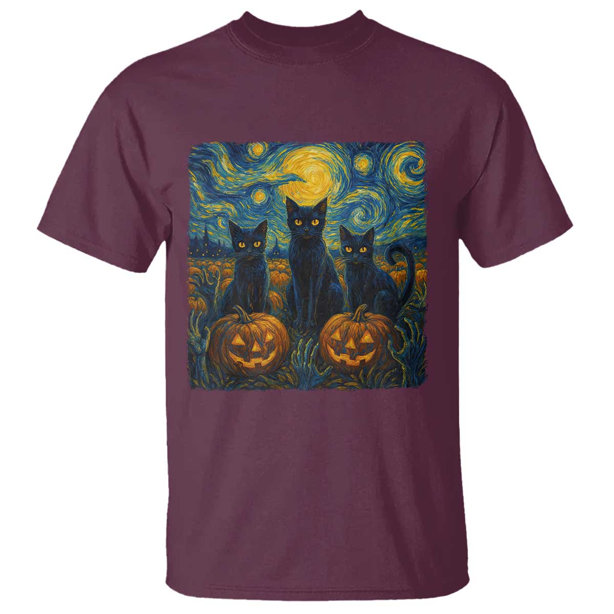 Cat Starry Night T Shirt Funny Cat Lover Gifts Halloween Van Gogh - Wonder Print Shop