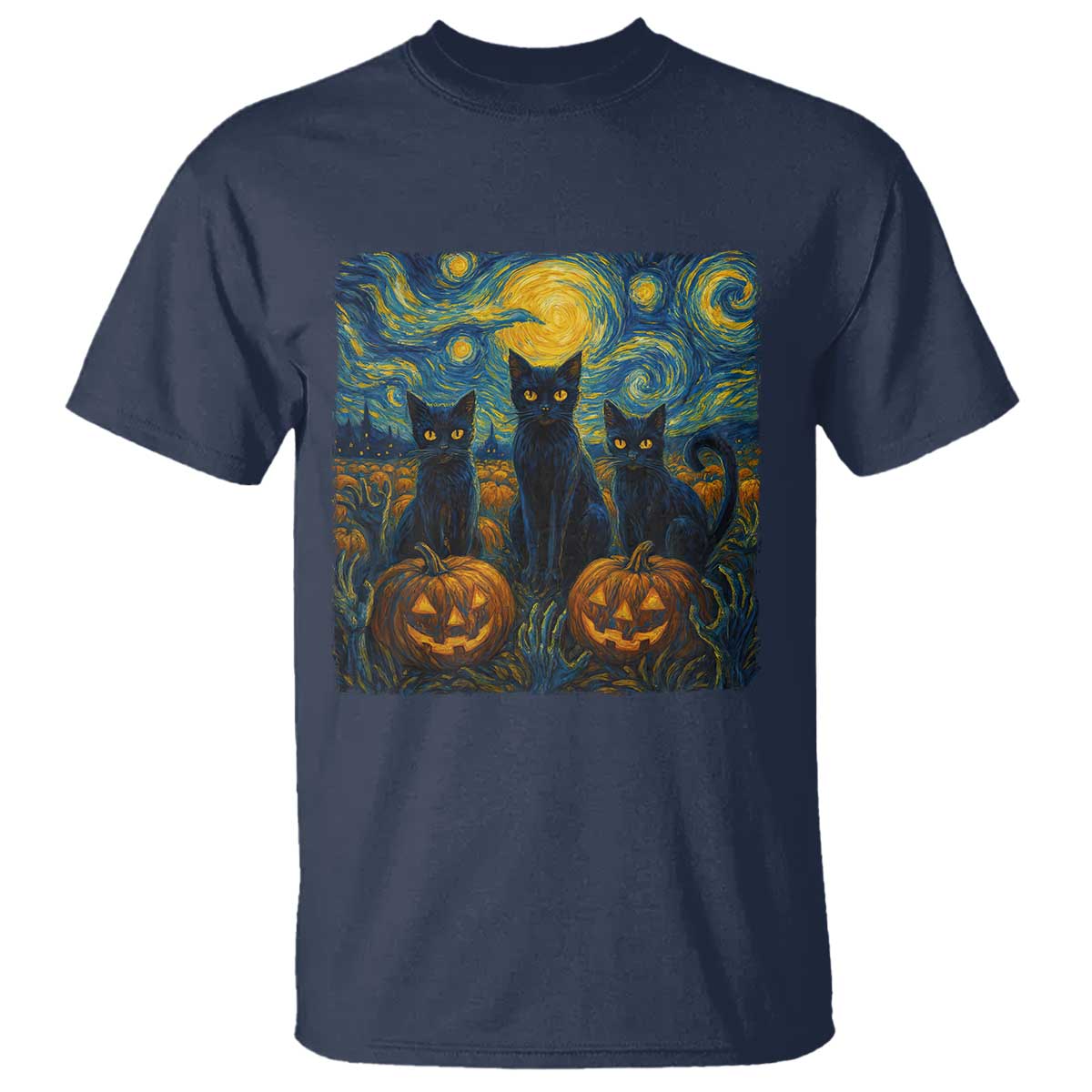 Cat Starry Night T Shirt Funny Cat Lover Gifts Halloween Van Gogh - Wonder Print Shop