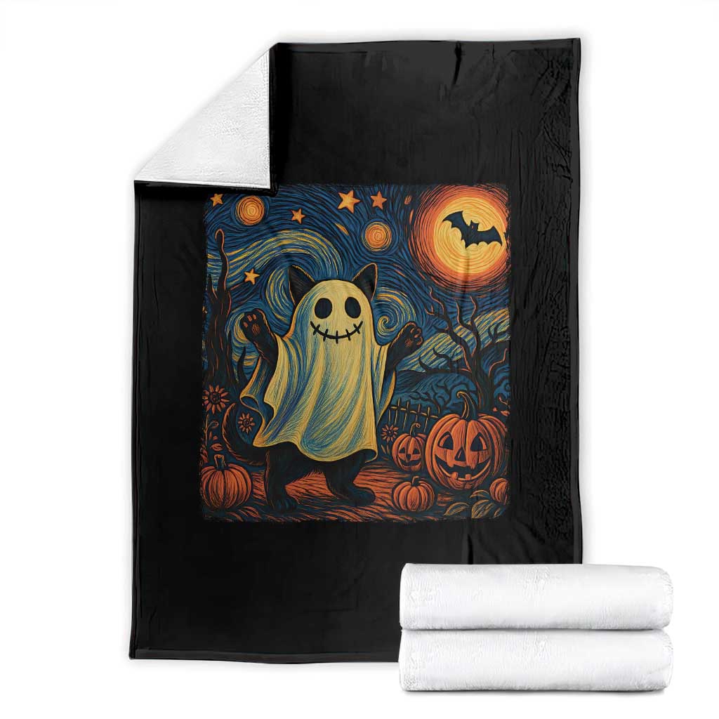 Funny Halloween Ghost Cat Throw Blanket Starry Night Van Gogh Cat Lover Gifts - Wonder Print Shop