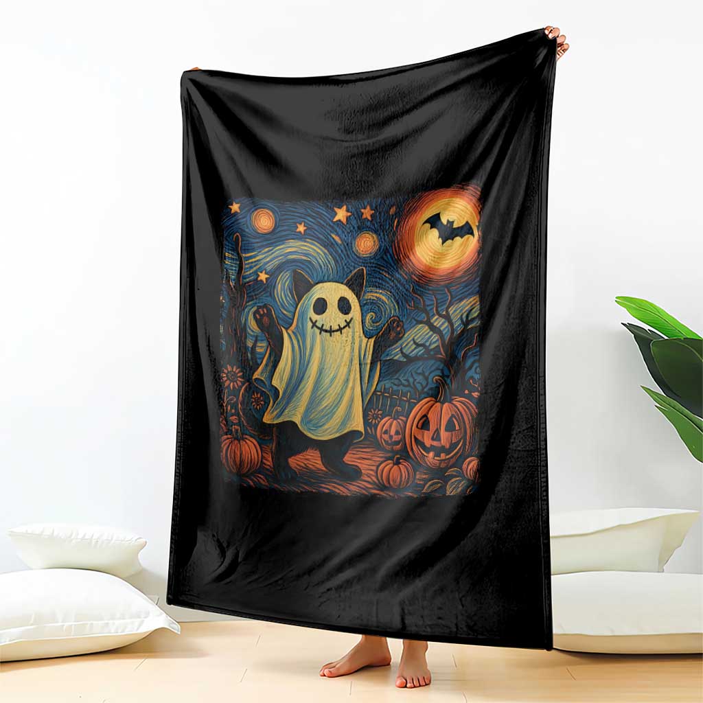 Funny Halloween Ghost Cat Throw Blanket Starry Night Van Gogh Cat Lover Gifts - Wonder Print Shop