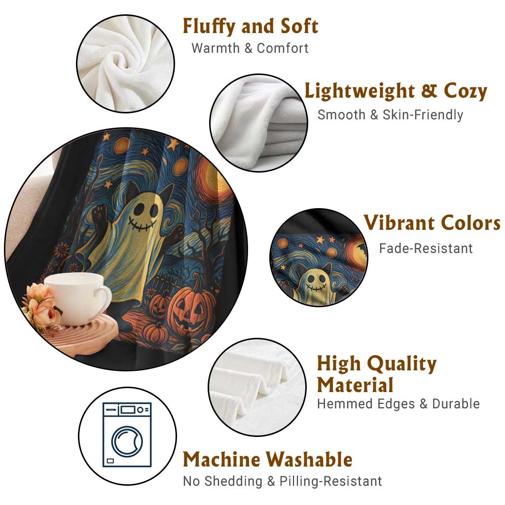Funny Halloween Ghost Cat Throw Blanket Starry Night Van Gogh Cat Lover Gifts - Wonder Print Shop