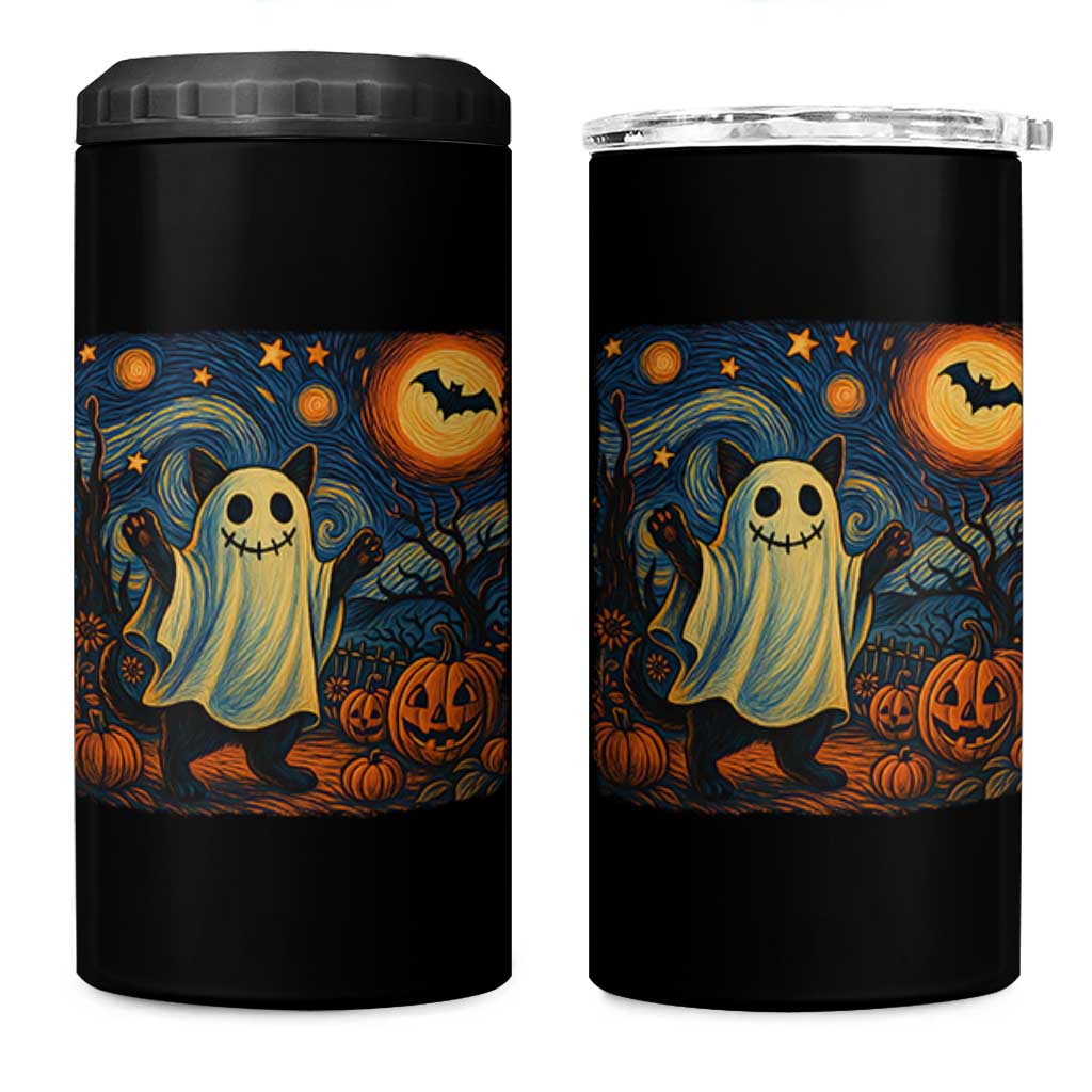 Funny Halloween Ghost Cat 4 in 1 Can Cooler Tumbler Starry Night Van Gogh Cat Lover Gifts - Wonder Print Shop