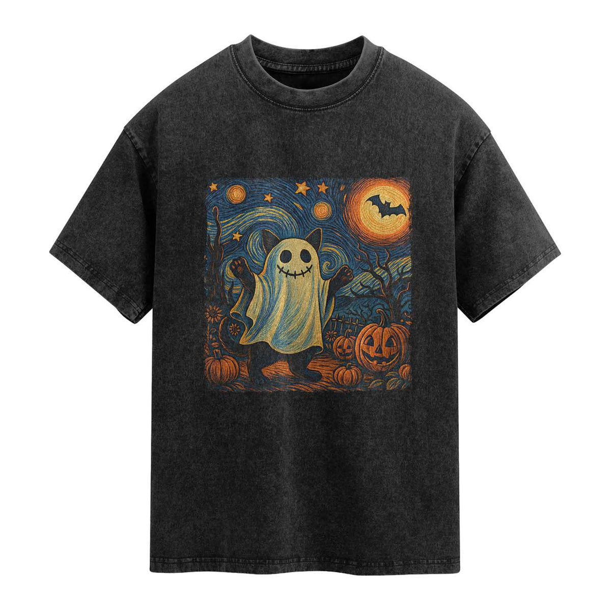 Funny Halloween Ghost Cat Washed Cotton T-Shirt Starry Night Van Gogh Cat Lover Gifts