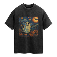 Funny Halloween Ghost Cat Washed Cotton T-Shirt Starry Night Van Gogh Cat Lover Gifts